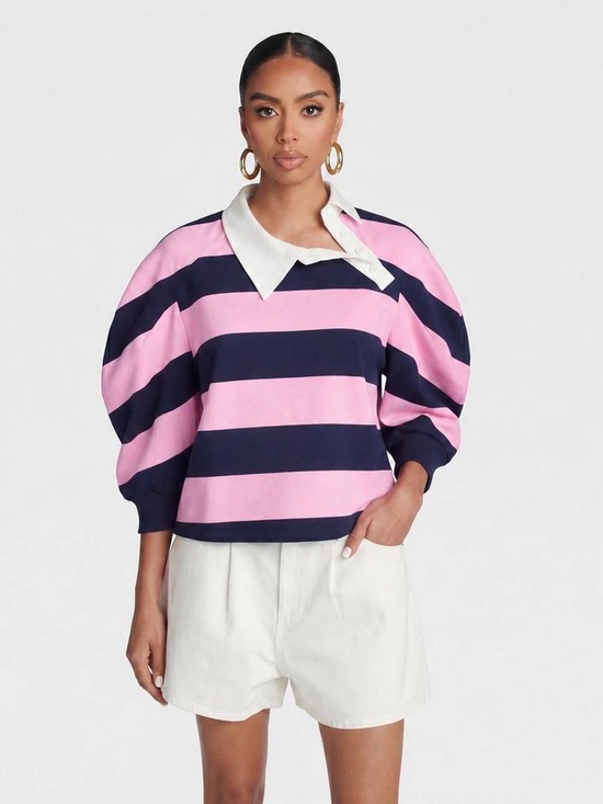 KBB by Kahlana Tops - Striped Pink & Navy Puff-Sleeve Crop Top with Contrast Collar